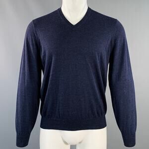 BRUNELLO CUCINELLI Size M Navy Jersey Wool Cashmere V-Neck Pullover